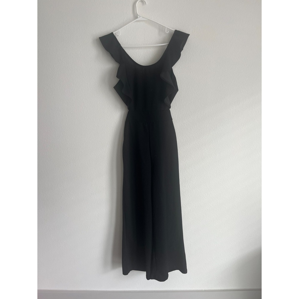 Hello Molly Jumpsuit Womens 2 Black Ruffles Strap Back Zip Scoop Neck Wide‎ Leg
